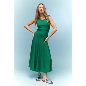 PLAN C Knit Dress Sleeveless Crew Neck Dropped Waist Midi Fit & Flare Green M